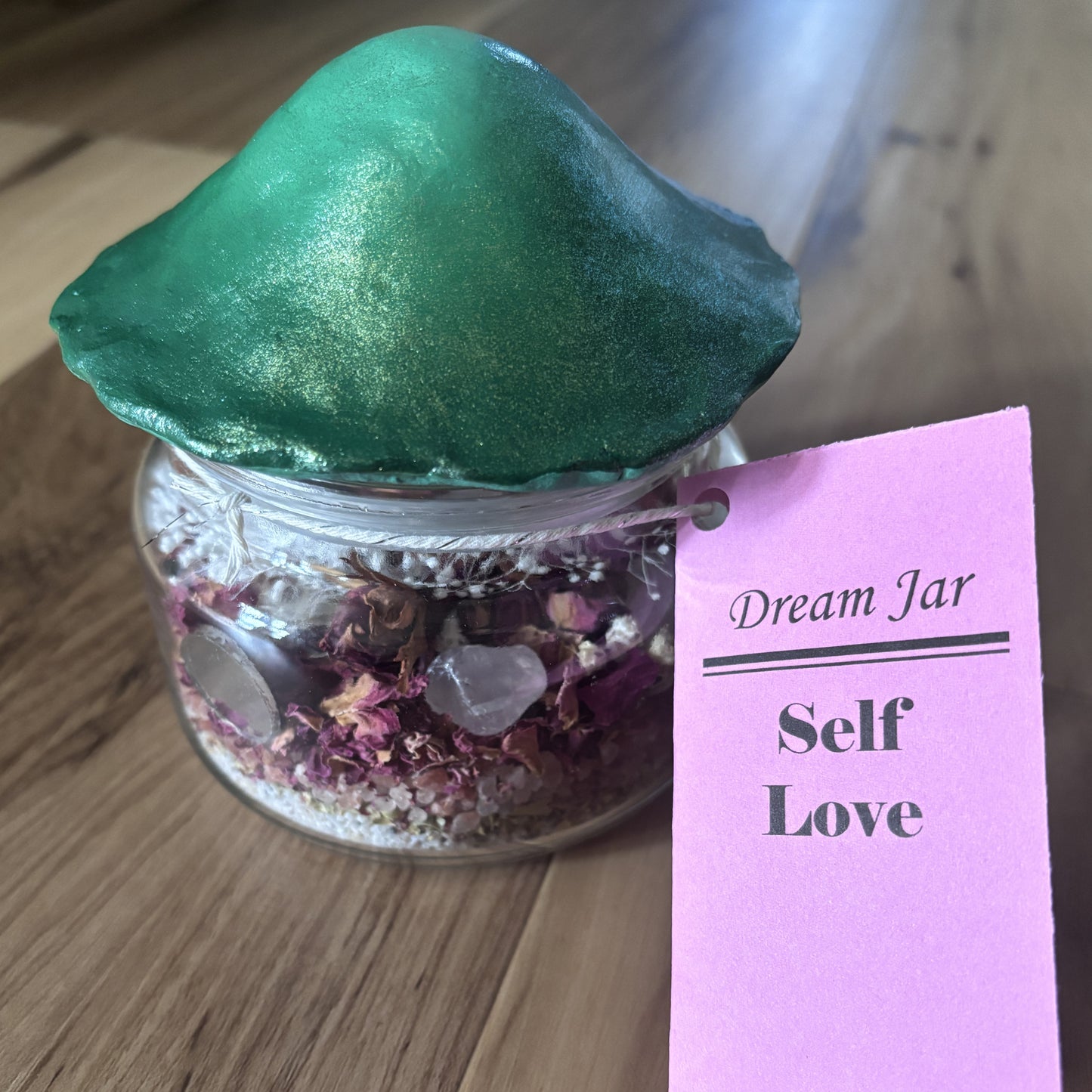 Self-Love Dream Jar with Mushroom Top | Premade Spell Jar | Wish Jar | Manifest Love and Compassion | Heal Emotional Trauma | Attract Healthy Relationships