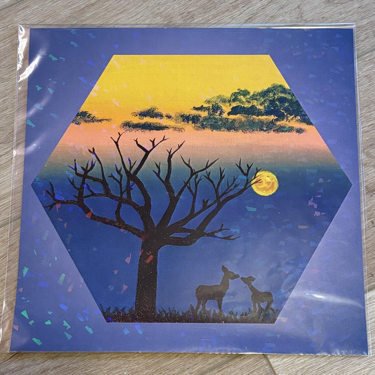 Sweet Lullaby 11x11 Fine Art Print | Doe and Fawn | Acrylic Painting | Autumn Moonrise | Holographic Poster