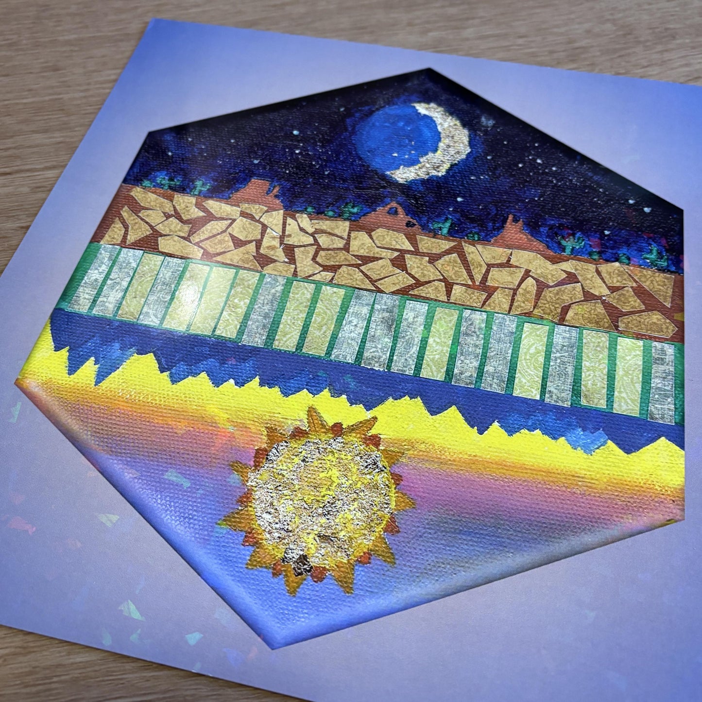Wild West 11x11 Fine Art Print | Reversible Acrylic Painting | Desert Landscape | Mountain Scene | Holographic Poster | Night and Day