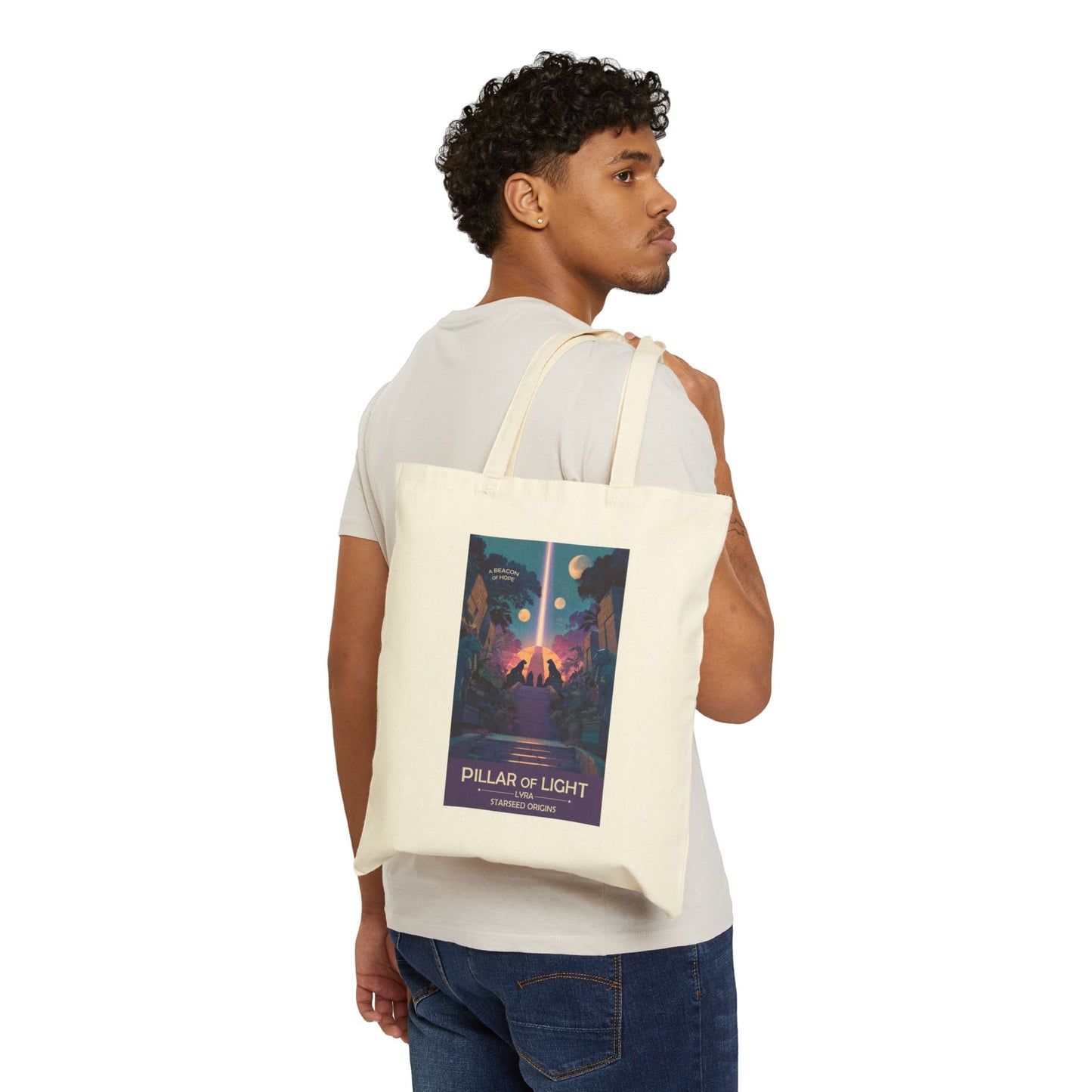 Lyran Starseed Pillar of Light Tote | Reusable Cotton Canvas Bag