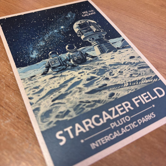 Stargazer Field of Pluto Art Print | Collectible Retro Futuristic Space Wall Art | NASA Poster | Milky Way Galaxy | Sol Solar System