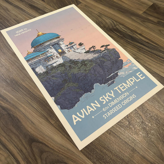 6th Dimension Avian Sky Temple Art Print | Retro Futuristic Space Poster