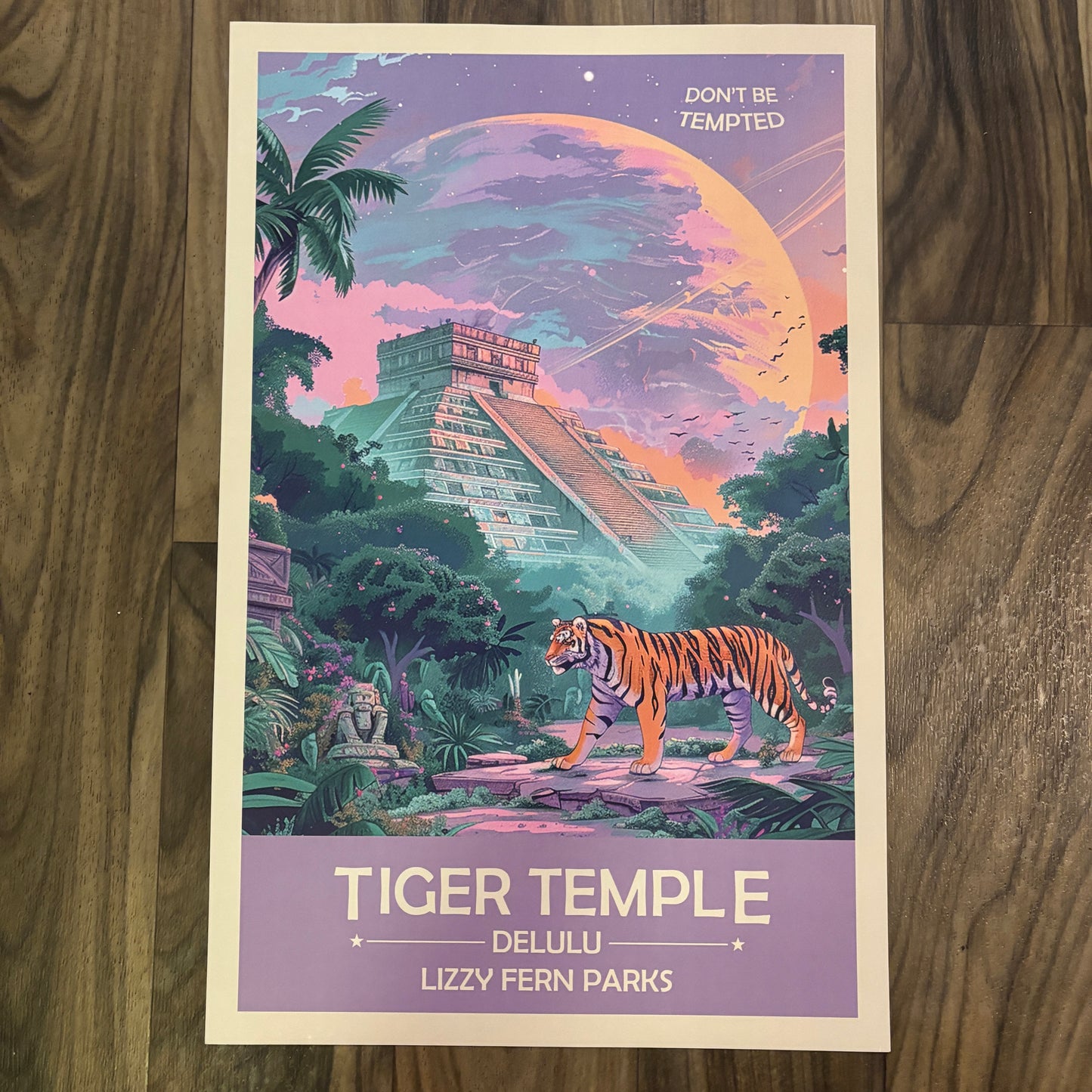 Tiger Temple Planet Delulu Art Print | Retro Futuristic Poster