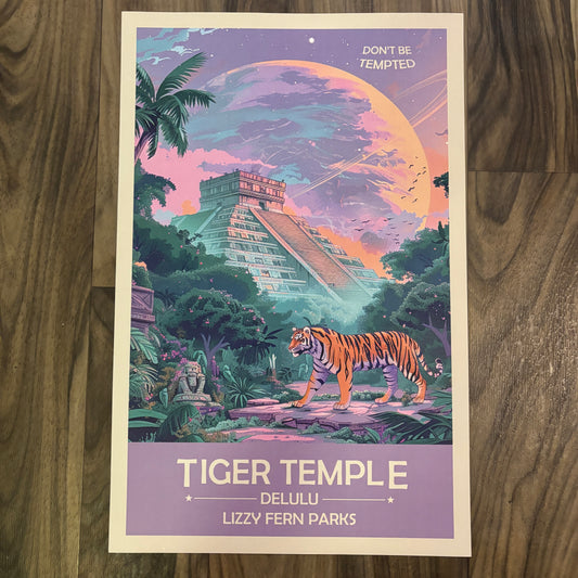 Tiger Temple Planet Delulu Art Print | Retro Futuristic Poster