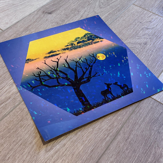 Sweet Lullaby 11x11 Fine Art Print | Doe and Fawn | Acrylic Painting | Autumn Moonrise | Holographic Poster