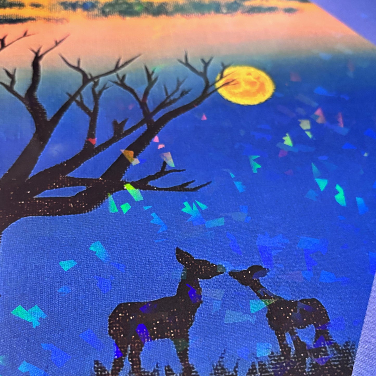 Sweet Lullaby 11x11 Fine Art Print | Doe and Fawn | Acrylic Painting | Autumn Moonrise | Holographic Poster