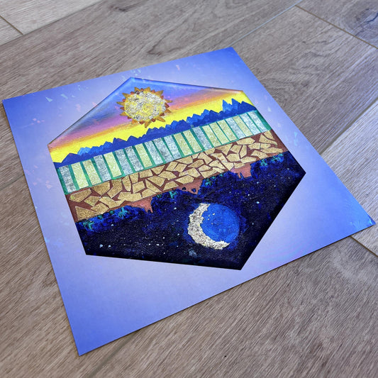 Wild West 11x11 Fine Art Print | Reversible Acrylic Painting | Desert Landscape | Mountain Scene | Holographic Poster | Night and Day