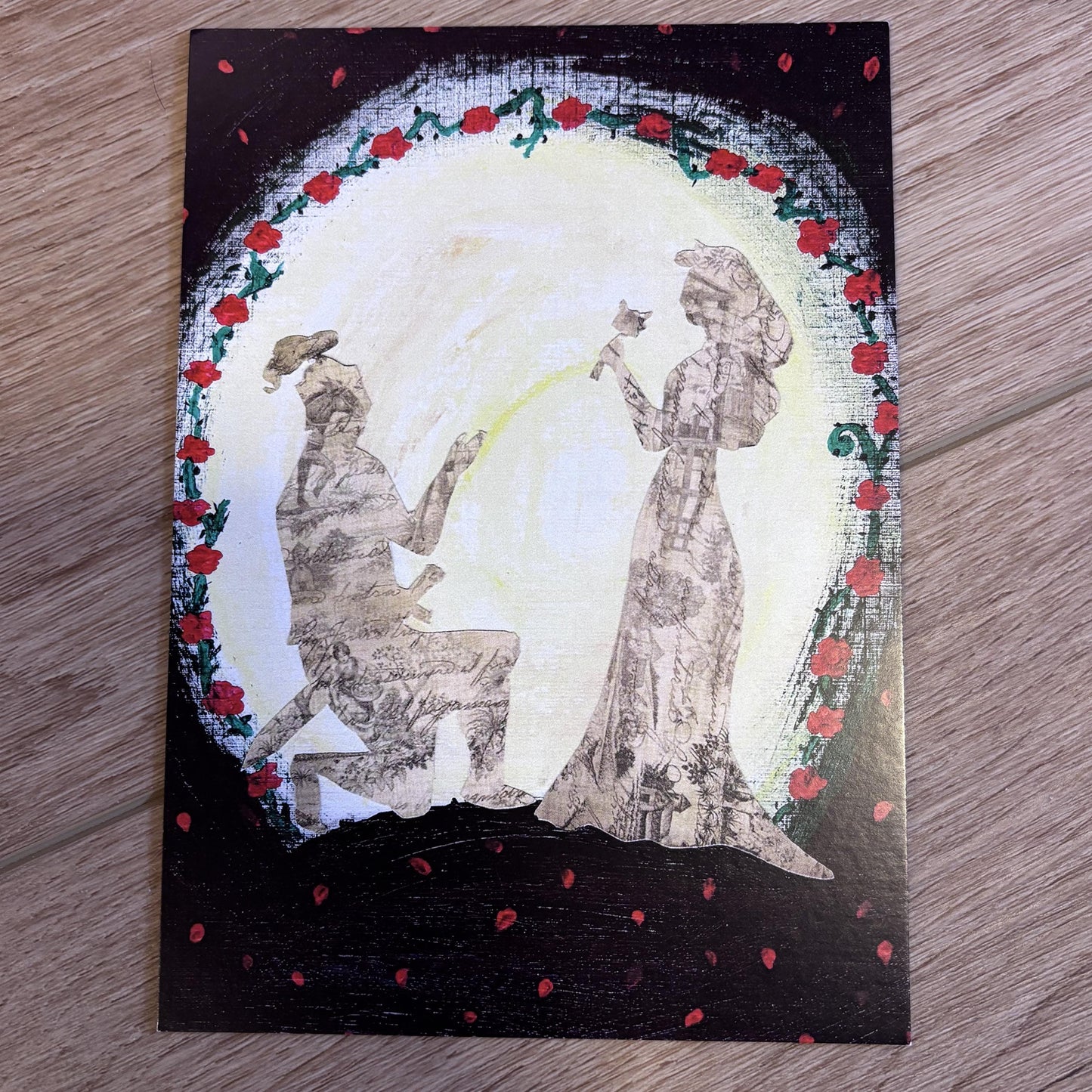 Eternal Love 5x7 Small Art Print | Knight and Princess in the Moonlit Rose Garden | Medieval Acrylic Painting