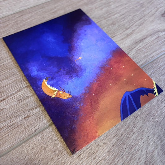 The Storm Has Passed 5x7 Small Art Print | Dragons | Dreamy Sunset | Dark Skies | Moody Acrylic Painting
