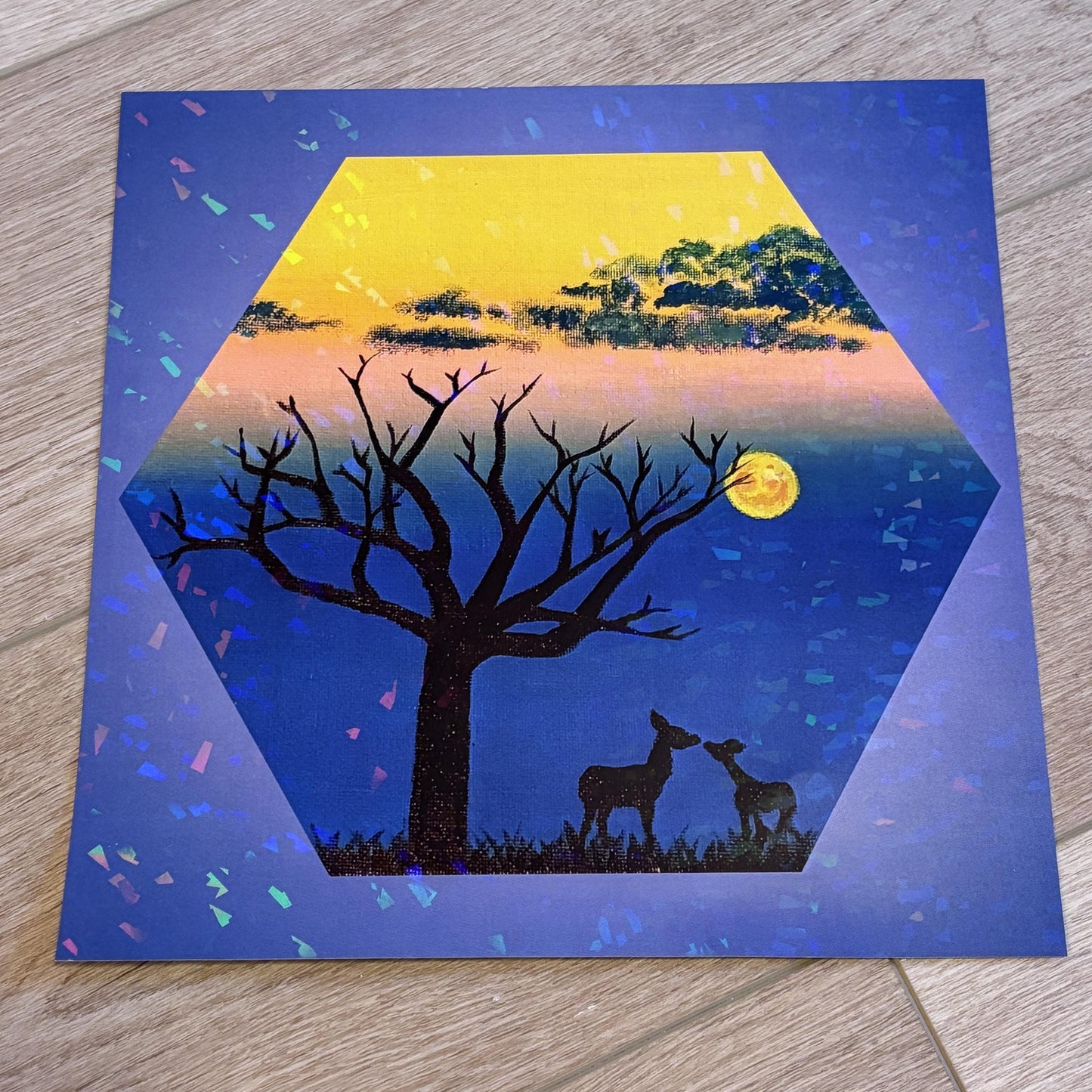 Sweet Lullaby 11x11 Fine Art Print | Doe and Fawn | Acrylic Painting | Autumn Moonrise | Holographic Poster