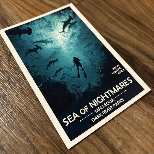 Sea of Nightmares Art Print | Diver Surrounded by Sharks | Fantasy Nature Poster