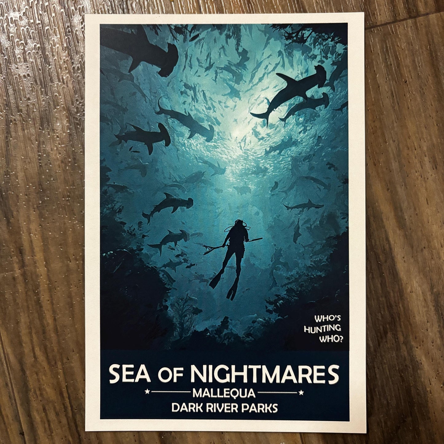Sea of Nightmares Art Print | Diver Surrounded by Sharks | Fantasy Nature Poster